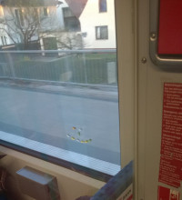 Ein Herz aus Gummibärchen an der Scheibe einer S-Bahn (Bahnhof Oberschleißheim)